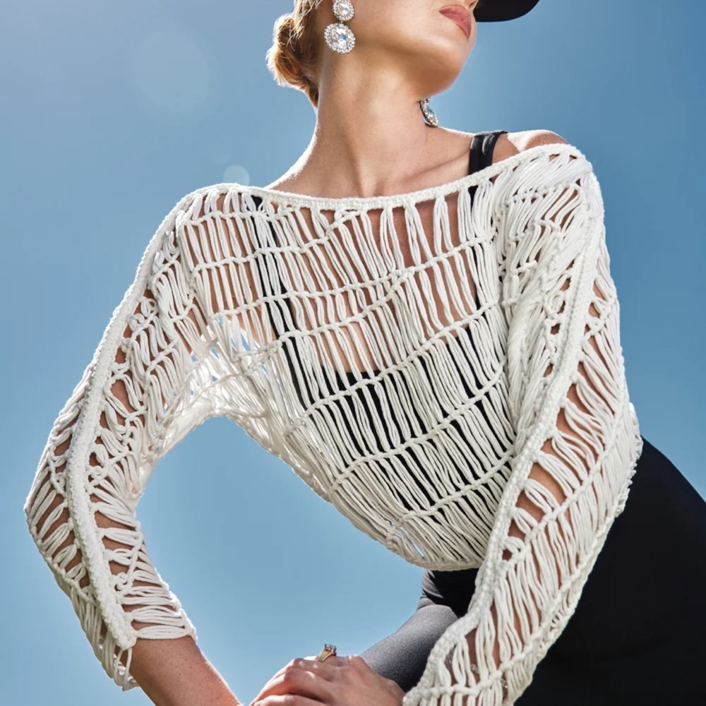 Carbon38 Open-Weave Cropped Knit Top in White